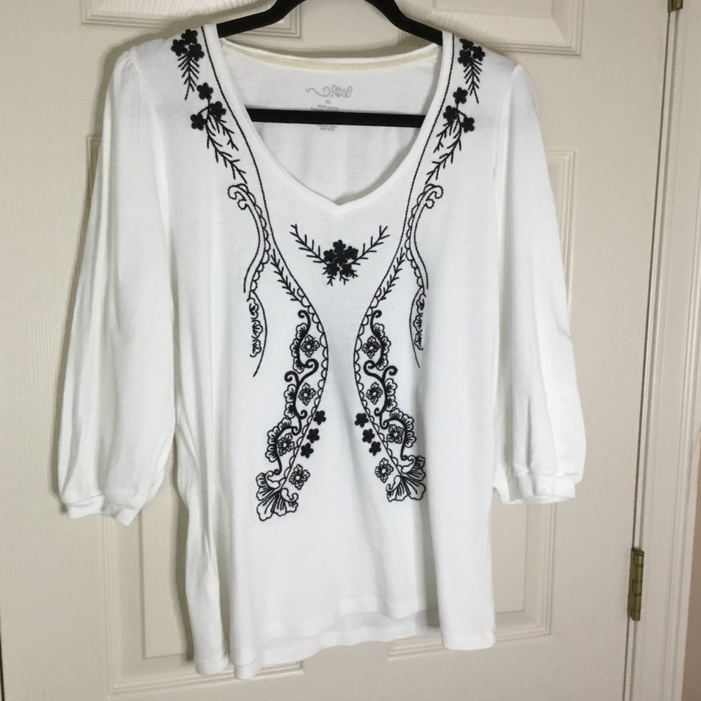 RXB White Top with Black Floral Embroidery - Size XL
